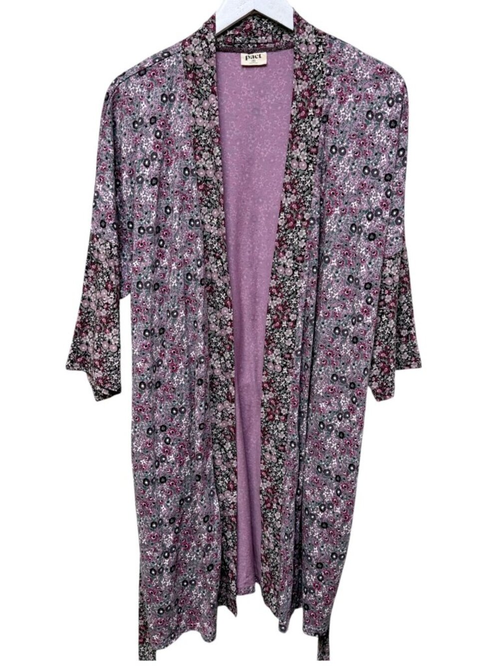 PACT Robe Size M/L Purple Floral Organic Cotton Knit Womens Kimono Lounge